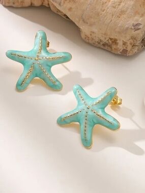 Womens Turquoise Starfish Enamel Stud Earrings